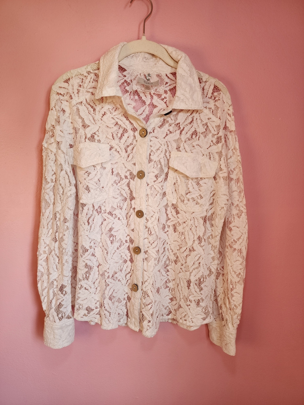 Sheer Floral Cutout Lace Overlay Shirt Overlay Button Up Women's Small